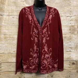 Norm Thompson Open Cardigan Sweater Size XL Red Floral Print Variegated Accent